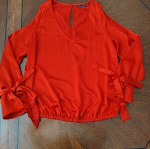 New York & Company Orange Cut Out Tie Front Blouse